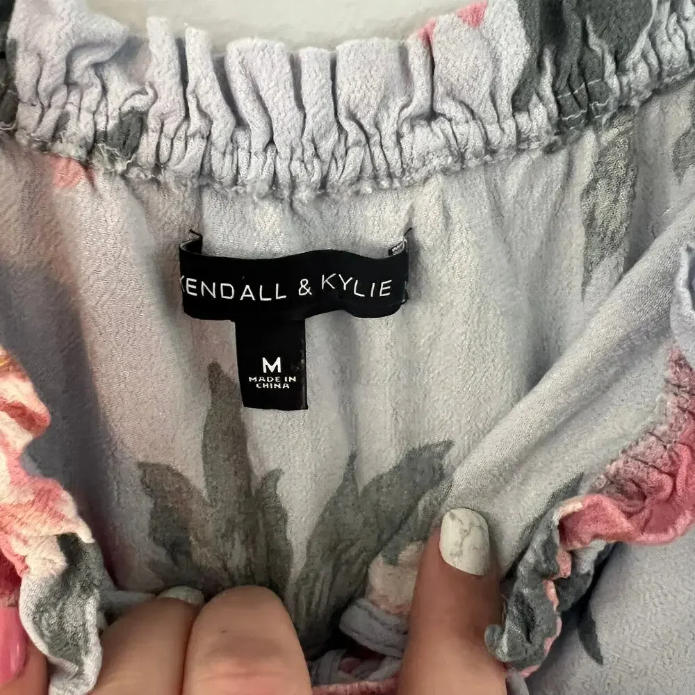 Kendall & Kylie Floral Shorts Romper Women's Size Medium Light Blue & Pink